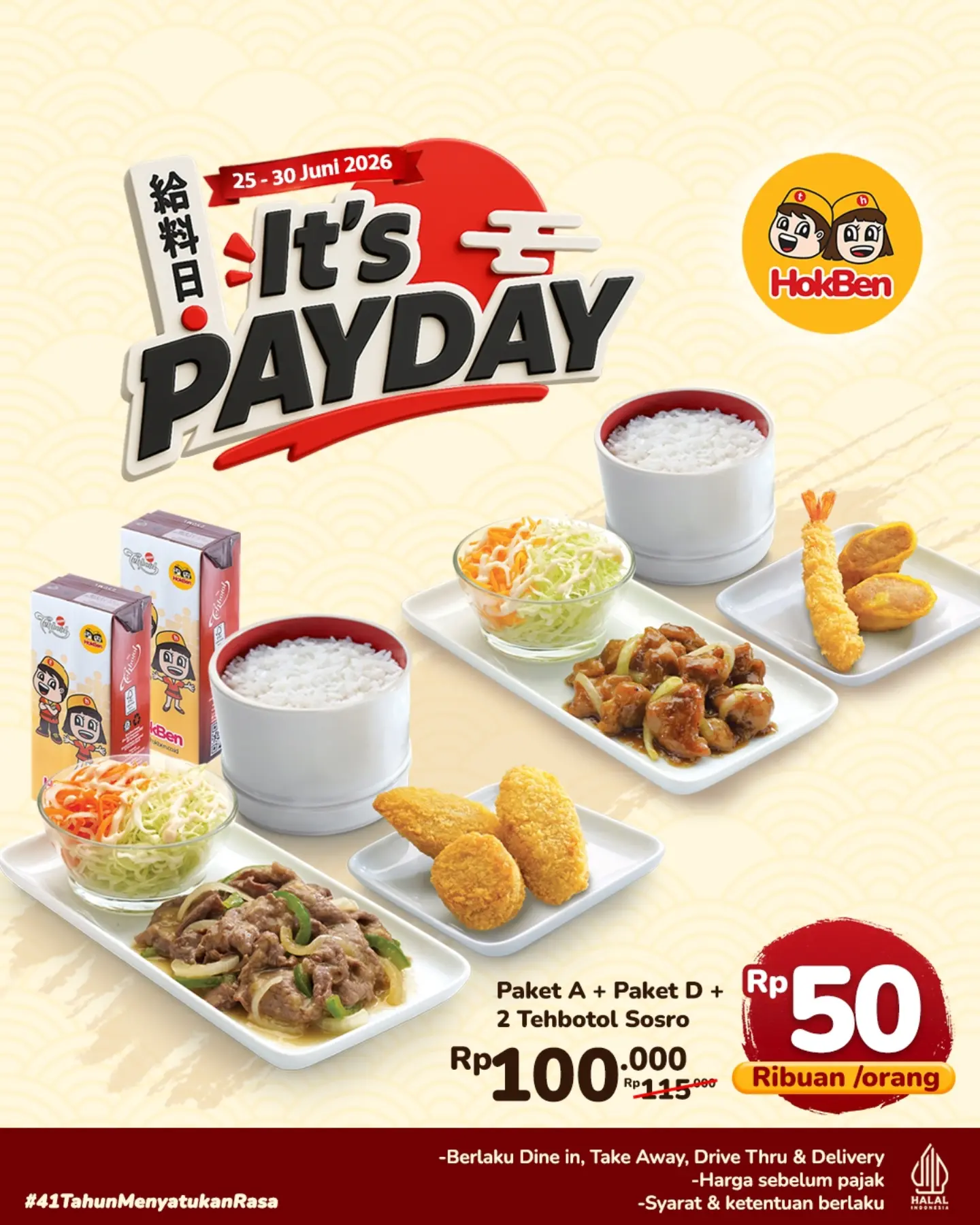 Promo Payday HokBen: Paket 4 Menu + 2 Tehbotol Rp50 Ribuan - Image 4