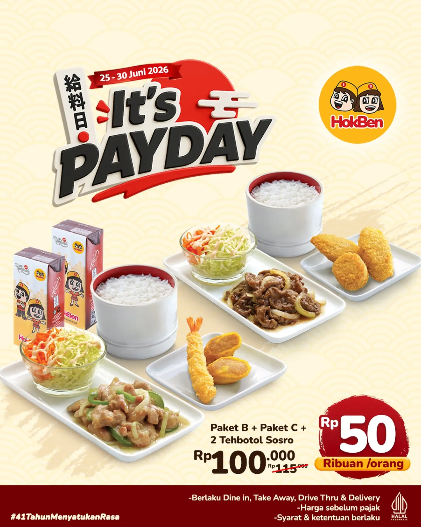 Promo Payday HokBen: Paket 4 Menu + 2 Tehbotol Rp50 Ribuan - Image 3
