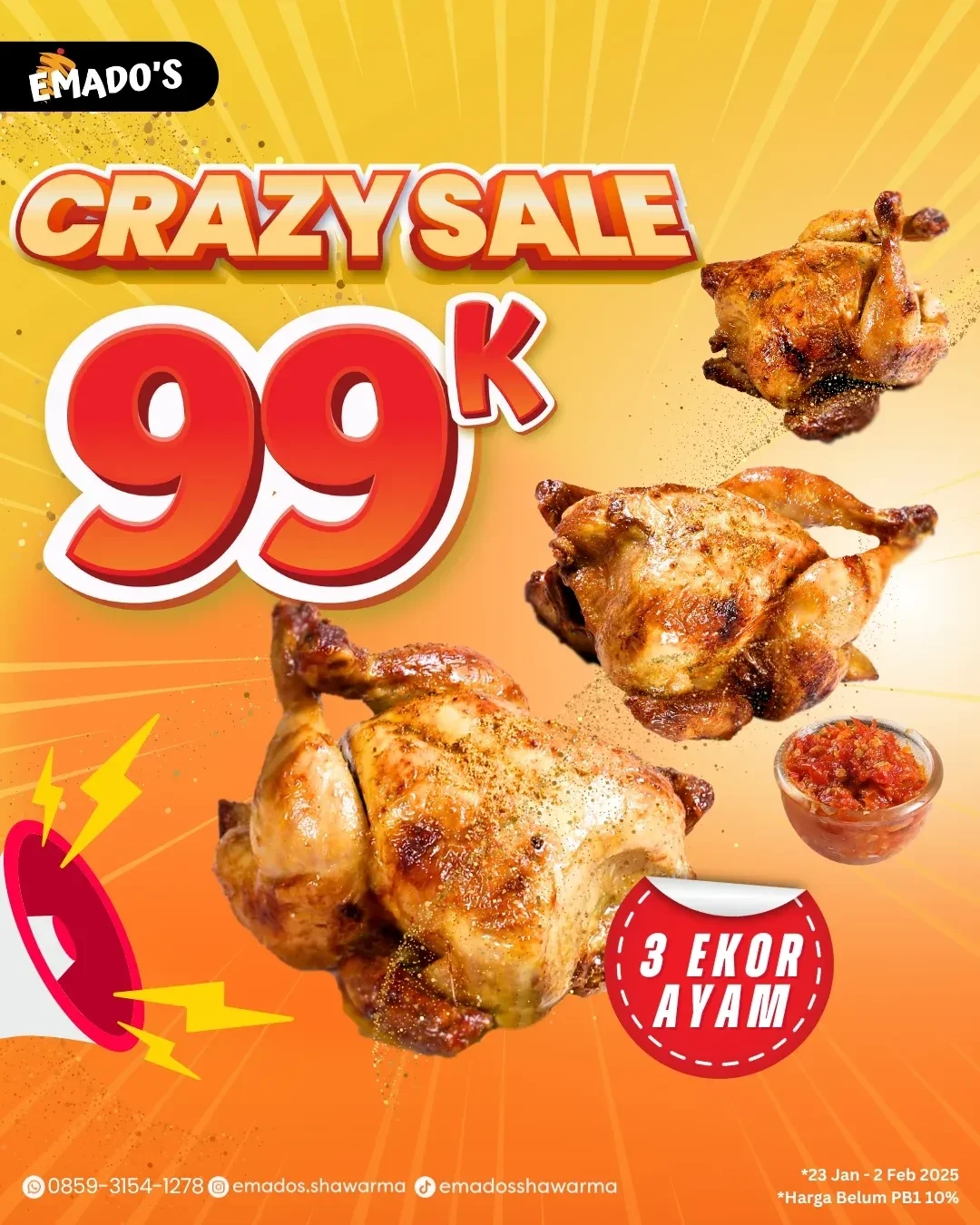 Promo Emados Shawarma Crazy Sale 3 Ekor Ayam Hanya Rp 99K 23 Januari - 2 Februari 2025 - Image 1