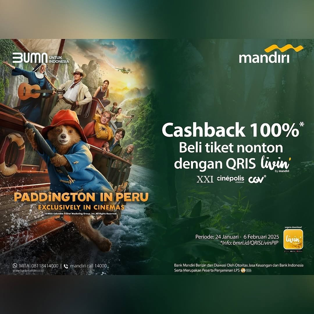 Promo Cinema XXI, CGV, dan Cinepolis Cashback 100% dengan QRIS Livin' Mandiri
