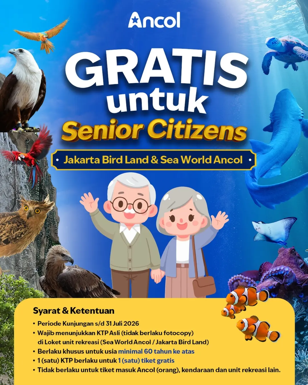 Tiket Gratis Sea World Ancol & Jakarta Bird Land untuk Lansia 60+ - Image 1