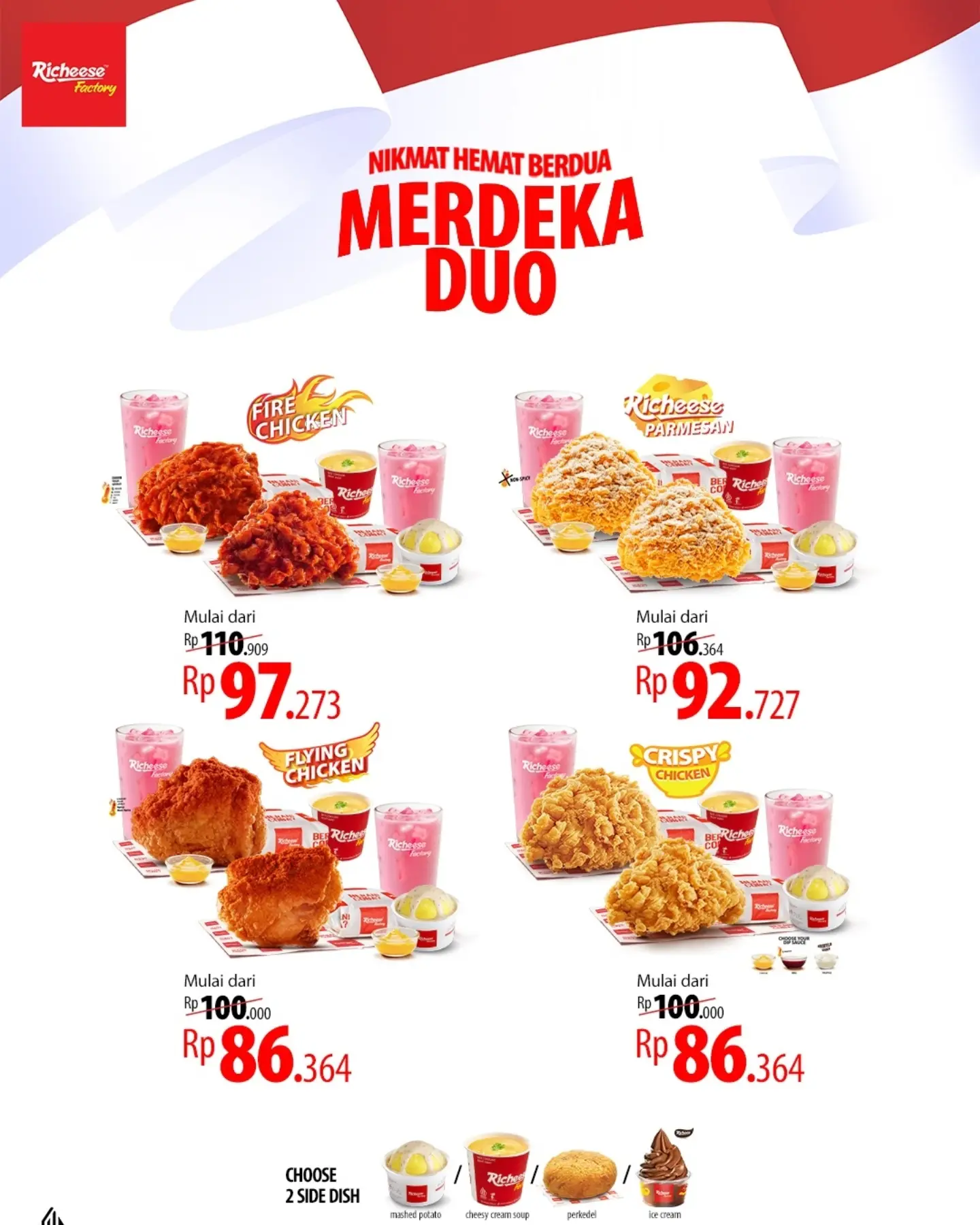 Promo Merdeka Duo Richeese: 2 Ayam + 2 Nasi + 2 Minum + 2 Side - Image 3