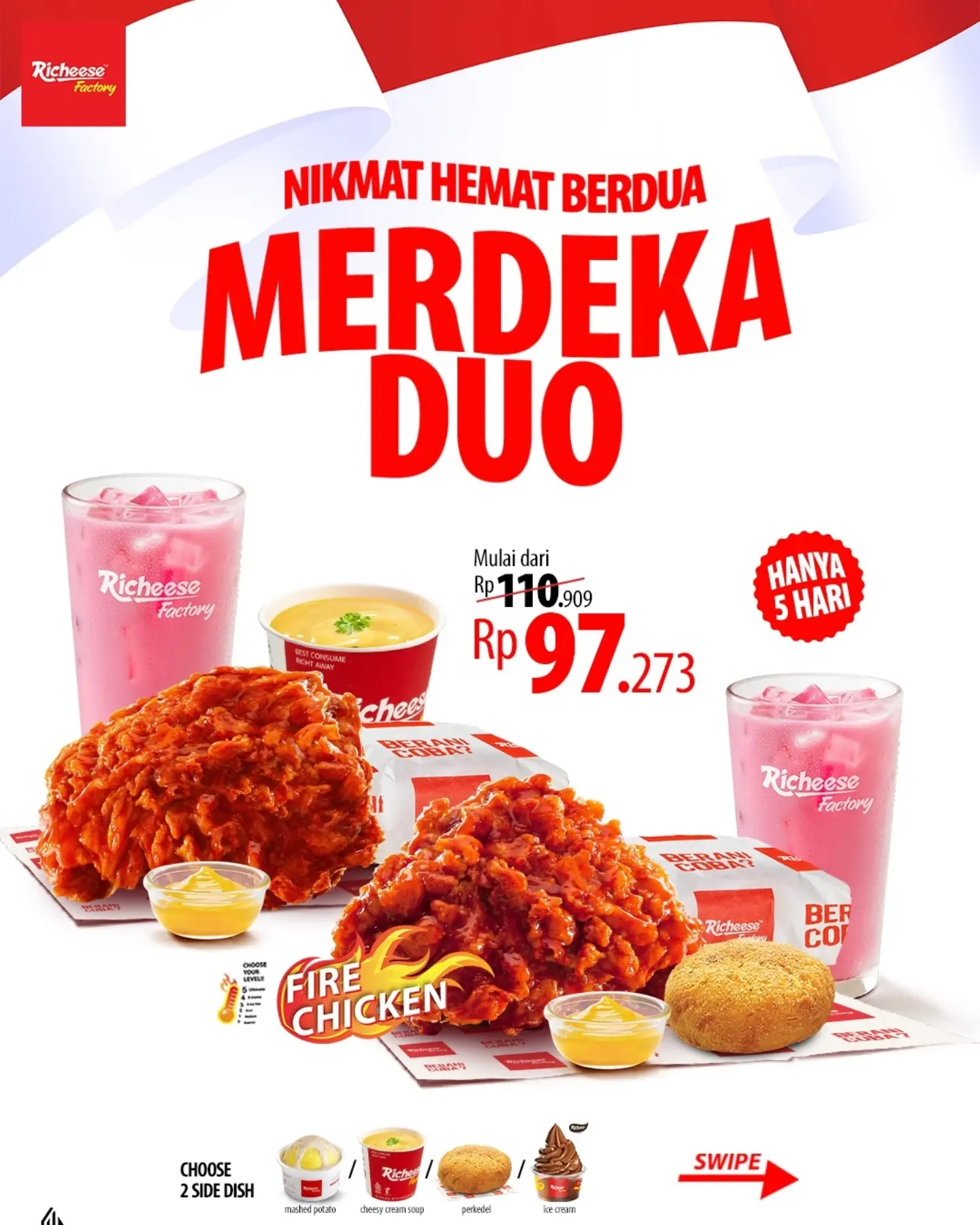Promo Merdeka Duo Richeese: 2 Ayam + 2 Nasi + 2 Minum + 2 Side - Image 2