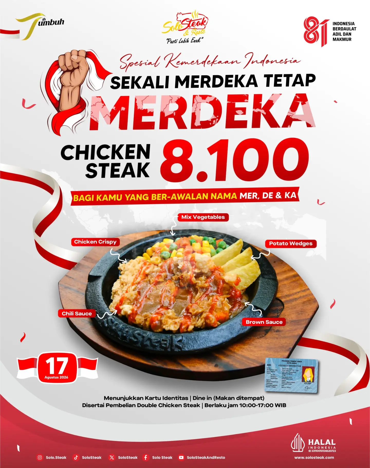 Promo Merdeka: Chicken Steak Rp8.100 untuk Nama MER, DE, KA