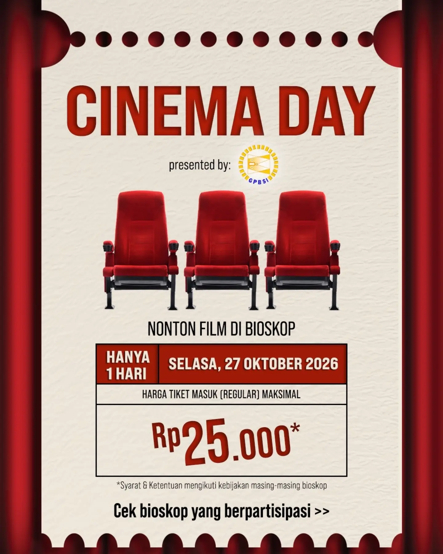 Hari Ini! Tiket Bioskop Maks Rp25.000 di Cinema Day