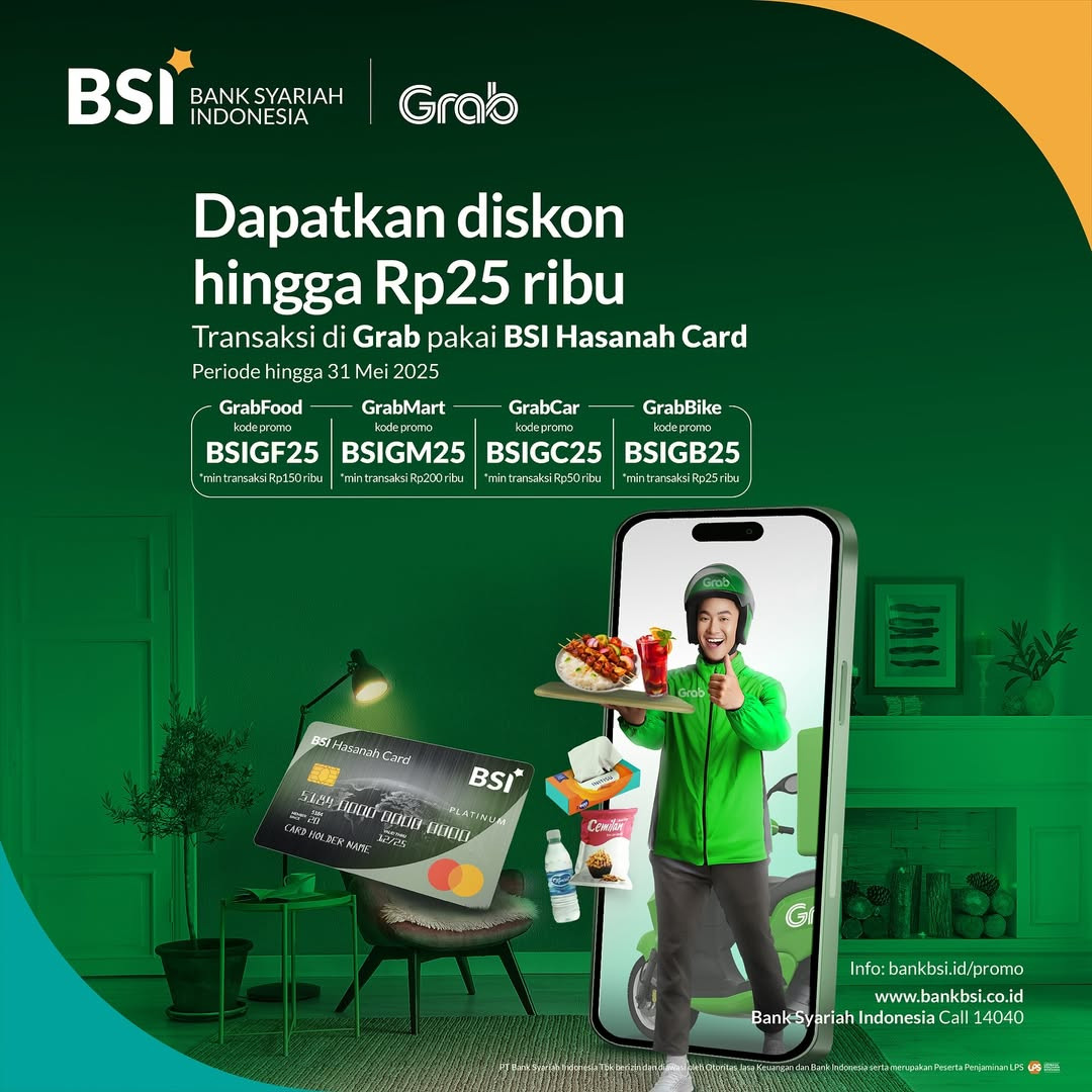 Diskon Grab s/d Rp 25.000 dengan BSI Hasanah Card - Image 1