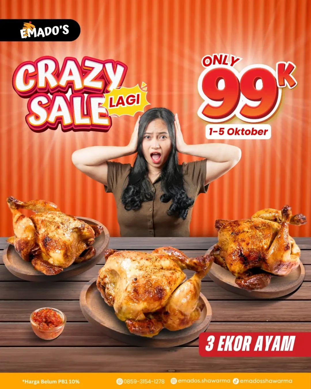Promo Emados Shawarma Crazy Sale 3 Ekor Ayam Hanya Rp 99K Periode 1 - 5 Oktober 2025 - Image 1